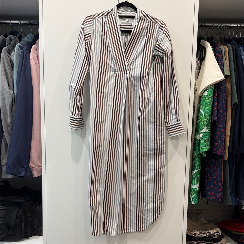 ANN MASHBURN White and Brown Striped V-Neck Shirt Dress